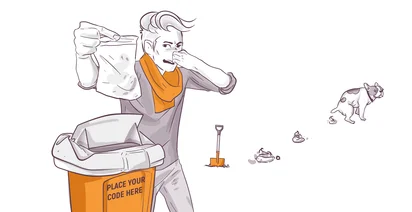 Illustration of a person holding their nose while disposing of a dog's poop in a trash bin, with a displeased expression, near a dog and a shovel.