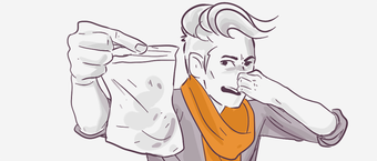 Illustration of a person with a stylized hairstyle pinching their nose and holding a smelly bag away from their face, displaying a disgusted expression.