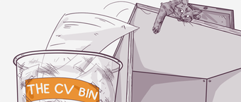 Illustration of a cat leaping off a desk towards a trash bin labeled 'THE CV BIN', implying the discarding of resumes or CVs.