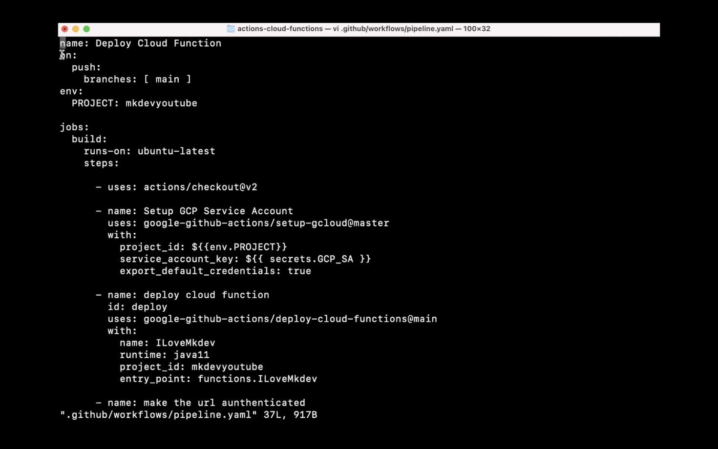 Screenshot of a computer code editor showing a YAML configuration file for a GitHub Actions workflow that includes instructions for deploying a cloud function.