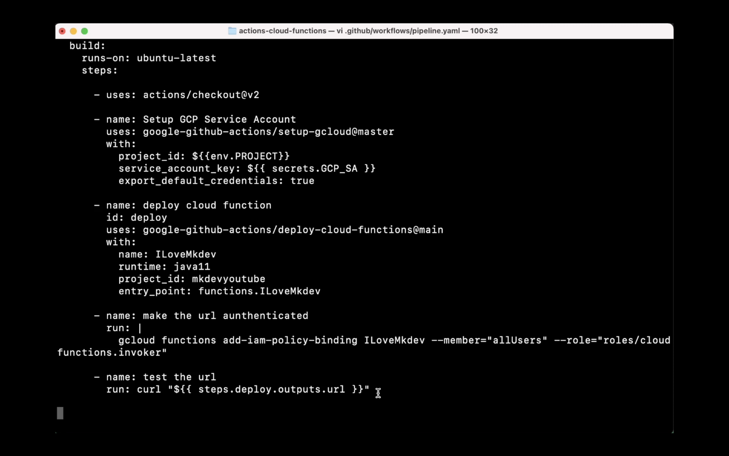 A screenshot of a YAML configuration file for a GitHub Actions workflow, specifying steps to check out code, set up a Google Cloud service account, deploy a cloud function, make a URL authenticated, and test the URL.
