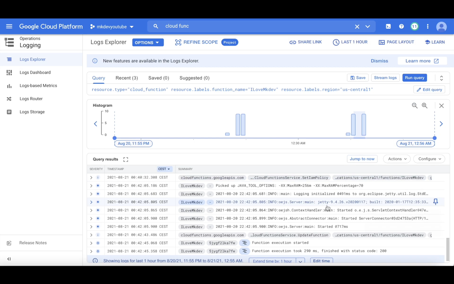 Google Cloud Platform's Logs Explorer interface showing histogram of logging events and a detailed log stream with timestamps, severities, and summaries for a cloud function.