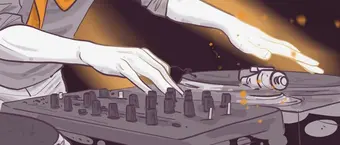 An illustration of a DJ's hands working on a turntable and mixer, with dynamic lines suggesting movement and music, set against a dark background with orange accents.