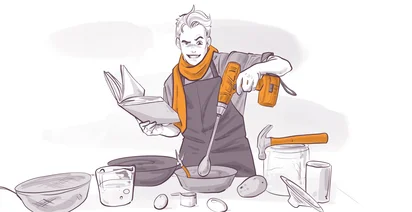 Illustration of a cheerful person cooking while reading a recipe book and using a handheld drill as a kitchen mixer, surrounded by bowls, eggs, and jars on a counter.