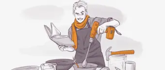 A monochrome illustration of a smiling person with a scarf multitasking by reading a book, stirring a pot, and holding a cordless drill, with kitchen utensils and jars around.