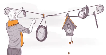 Illustration of a person hanging different types of clocks and watches on a clothesline using clothespins. The image includes a round wall clock, a cuckoo clock, and a variety of wristwatches. The person is wearing an orange scarf and a gray shirt.