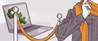 A stylized drawing of a person with a stethoscope connected to a laptop displaying a green power symbol, indicating computer diagnostics or repair.