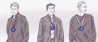 Illustration of three men with neutral expressions, wearing grey robes and blue medals with the word "HELM" on them, positioned side by side, facing varying directions.