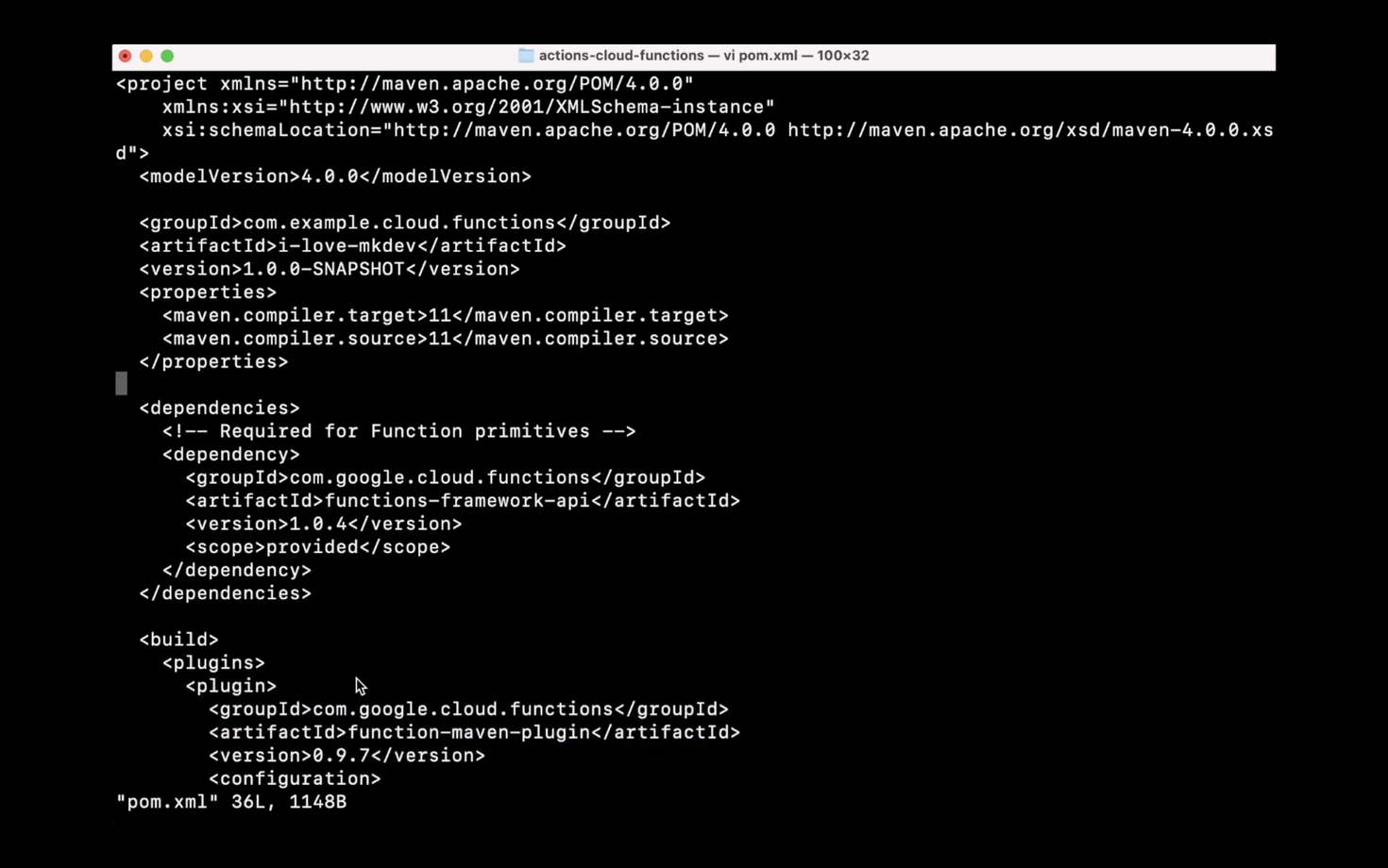 Screenshot of a Maven Project Object Model (POM) XML file with configurations for dependencies and build plugins open in a text editor.