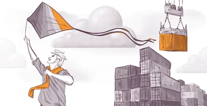 Illustration of a person flying an orange and gray kite, with an orange shipping container being lifted by a crane in the background. The scene includes stacked containers and a cloudy sky, with the person wearing an orange scarf.