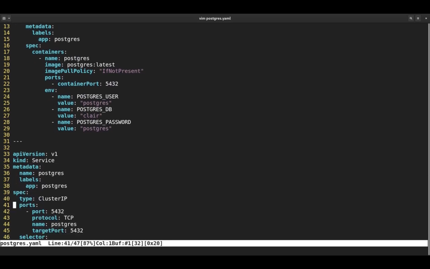 YAML configuration file for a PostgreSQL container. It specifies metadata, container image details, ports, environment variables for user, database, and password, and a service definition with ClusterIP type and specified ports for TCP protocol. Displayed in a text editor.