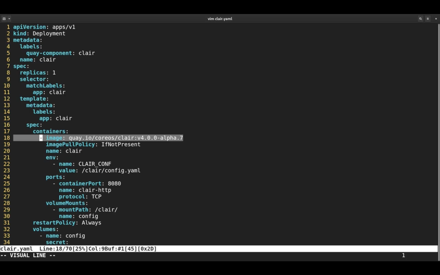Screenshot of a YAML configuration file for a Kubernetes Deployment named "clair", opened in Vim editor. It details metadata, spec for replicas, container image from quay.io, environment variables, port settings, volume mounts, and restart policy.