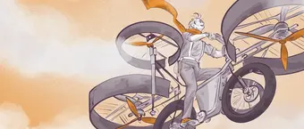 Illustration of a person riding a futuristic flying bike with large propellers against a cloudy sky. The rider is wearing a flowing scarf and looks content, embracing the adventure above the clouds.