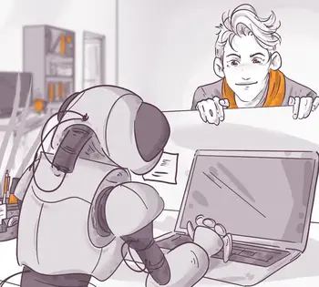 Robot using a laptop at a desk, with a person curiously observing over a partition in a modern office setting.
