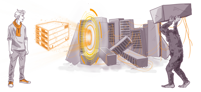 Illustration of a person facing a powerful energy beam aimed at stacked servers, causing them to topple. On the right, a gorilla-like figure is holding a large server. The scene conveys chaos and energy, with vibrant orange and yellow hues.
