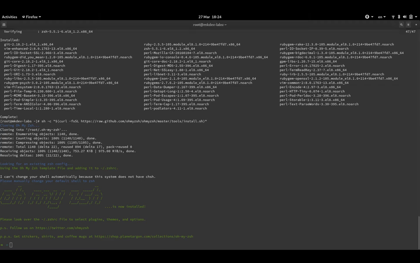 Terminal screenshot showing package installations and a script cloning "Oh My Zsh" from GitHub. Messages indicate completion and provide instructions for setting up Zsh. ASCII art of "Oh My Zsh" appears with links to social media and merchandise.