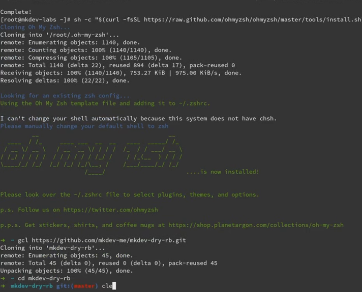 Terminal screenshot showing installation process of Oh My Zsh, cloning a repository, and unpacking objects. Instructions for setting the default shell are displayed. ASCII art of "oh my zsh" is prominently featured.