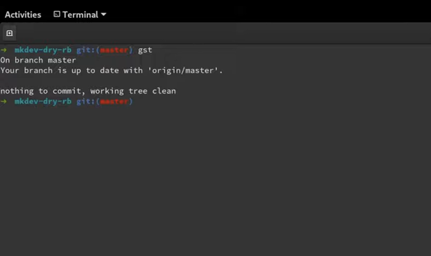 Terminal window showing a Git status command on branch master; it indicates the branch is up to date with origin/master, and there is nothing to commit.