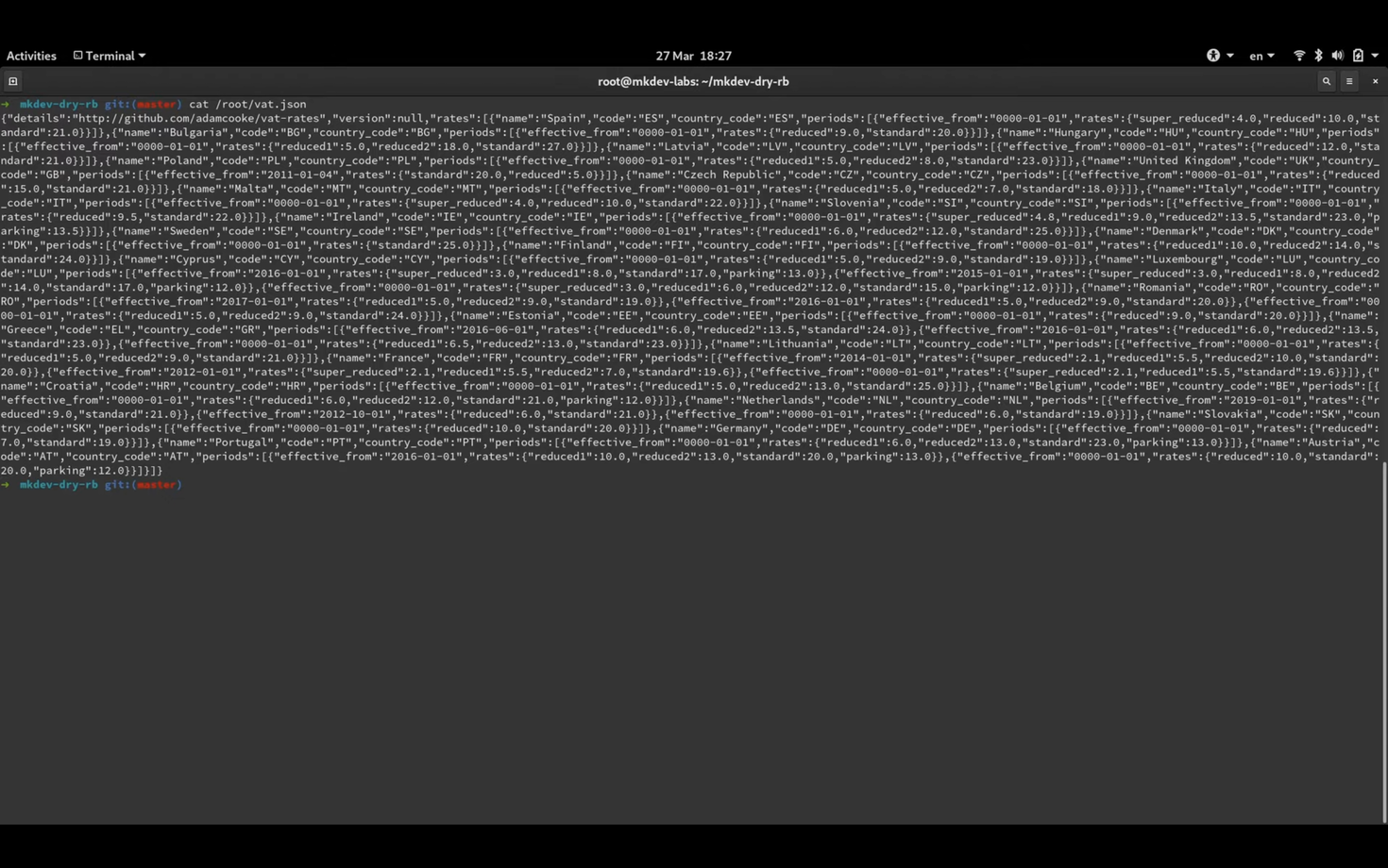 Terminal window showing JSON data with country information and VAT rates, including fields like name, code, and periods with rate details.