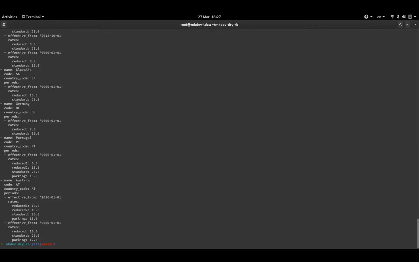 Terminal window displaying VAT rates for countries including Belgium, Slovakia, Germany, Portugal, and Austria. Each entry includes the country name, code, effective date, and tax rates such as reduced and standard. The prompt shows the current Git branch as "master".