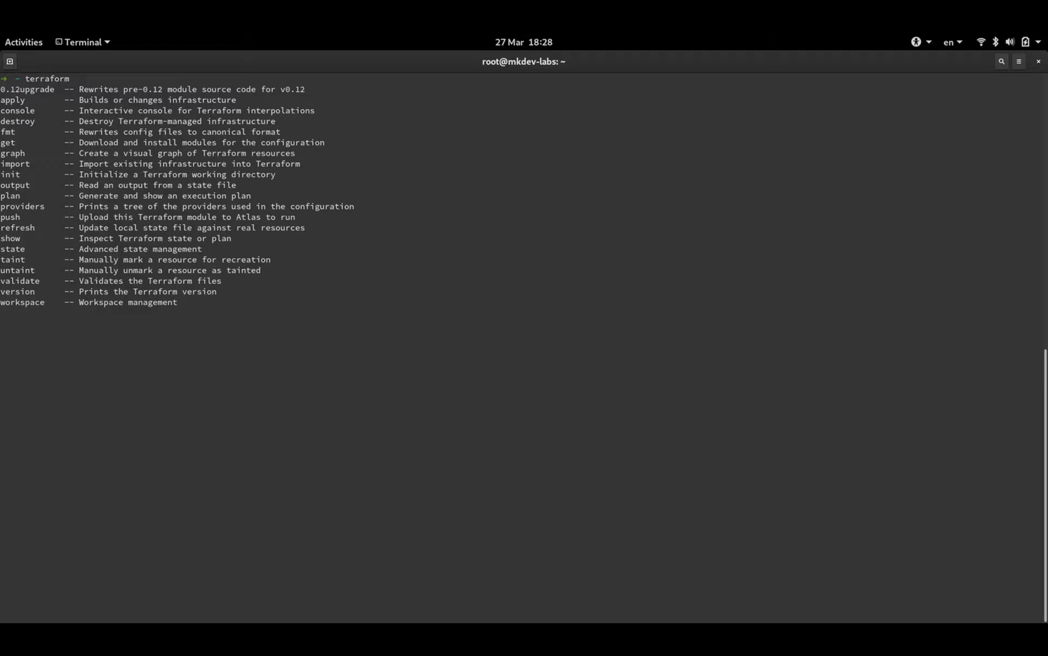 Screenshot of a terminal displaying Terraform command-line options and descriptions. Commands include init, plan, apply, destroy, and others with brief explanations such as building infrastructure, validating files, and managing workspaces.