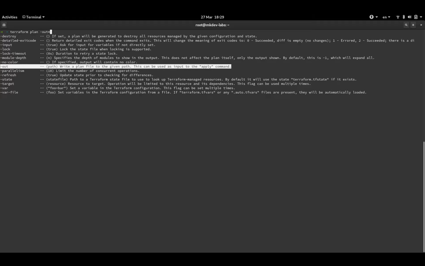 A terminal window displaying a list of Terraform command options with descriptions, such as `-destroy`, `-input`, and `-out` with details on their usage. The top bar shows the date and time as "27 Mar 18:29" and the terminal tab is labeled "root@mkdev-labs".