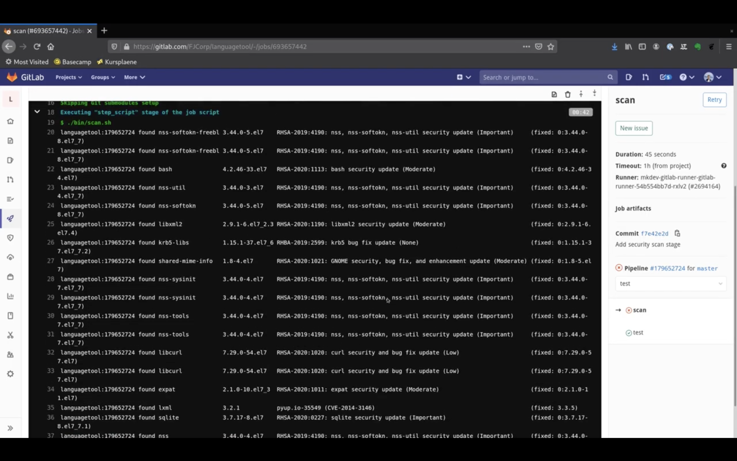 Screenshot of a GitLab interface showing a pipeline job log for a security scan. The terminal displays results of various packages with security report details, including updates and fixes. On the right, a sidebar shows job details like duration and commit information.