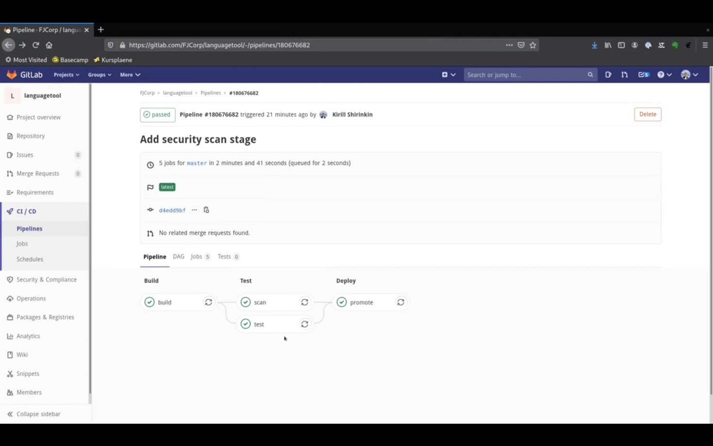 Screenshot of a GitLab CI/CD pipeline page showing a completed pipeline with stages: Build, Test, and Deploy. Each stage includes specific jobs such as build, scan, test, and promote. The pipeline status is marked as passed, with details on jobs executed for the master branch.