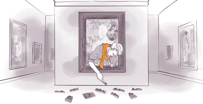 Illustration of a person leaning out of a picture frame, sweeping dust with a brush, in an art gallery setting. Various framed artworks are visible on the walls, and several brushes are scattered on the floor.