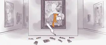 A cartoon character leans out of a picture frame in an art gallery, reaching down towards scattered USB flash drives on the floor. The gallery walls feature other blurred artworks. The character wears a bright orange scarf, adding a pop of color to the grayscale scene.