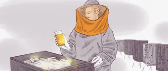 Illustration of a beekeeper in protective gear holding a jar of honey. The beekeeper is standing beside a table with glowing honey jars, and multiple beehives are visible in the background.