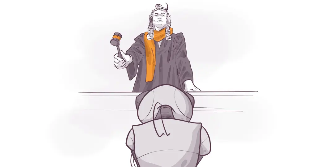Illustration of a judge in a robe and wig holding a gavel, looking sternly at a robot in the foreground. The scene suggests a courtroom setting, with the robot appearing to be on trial.
