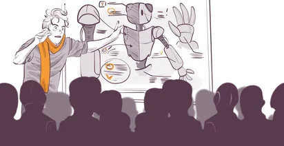 Illustration of a person with a scarf energetically presenting robot schematics on a screen to an audience.