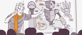 Illustration of a person with a scarf explaining a robot design on a board, gesturing towards diagrams of mechanical components such as a robot arm and hand. Silhouettes of an audience are visible at the bottom, suggesting a presentation or lecture setting.