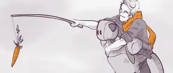 Illustration of a person with short hair riding a dinosaur-like creature. The person holds a fishing rod with a carrot dangling from it, enticing the creature forward. The background is a simple gray gradient.