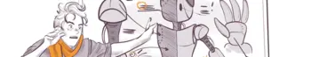 Illustration of a person with a surprised expression looking at a drawing board displaying a large, sketchy robot design with multiple arrows and mechanical details. The person is holding a phone and seems to be explaining or reacting to the robot drawing.