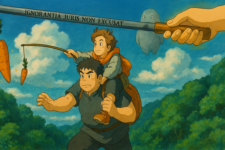 Illustration of a determined character carrying another who holds a stick with dangling carrots, set against a lush landscape and blue sky. A sword inscribed with "IGNORANTIA JURIS NON EXCUSAT" looms above, while a small ghostly figure floats beside.
