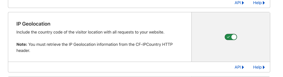"Screenshot of an IP Geolocation setting section, showing text about including visitor country codes with requests and a green toggle switch turned on. Includes a note about retrieving IP Geolocation from the CF-IPCountry HTTP header, with API and Help links."