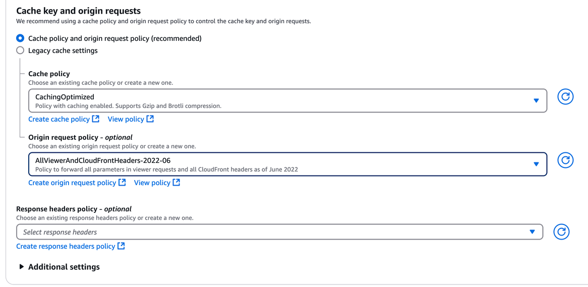 Interface for configuring cache key and origin requests, showing options for cache policy, origin request policy, and response headers policy. Selected cache policy is "CachingOptimized" and origin request policy "AllViewerAndCloudFrontHeaders-2022-06," with options to create or view policies.