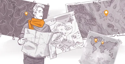 Illustration of a person with an orange scarf holding a map, surrounded by various other maps including geographical and treasure maps. Some maps display location markers.