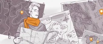 Illustration of a person wearing a scarf, holding a map surrounded by various other maps with contour lines and location markers. The maps depict different terrains, including mountains and abstract designs.
