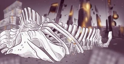 A person wearing a scarf holds a torch, standing beside a giant ribcage skeleton in a desolate, futuristic landscape with crumbling buildings and floating debris. The scene is illuminated by a warm glow in an otherwise dark environment.