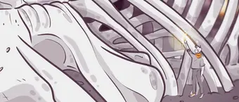 A person holding a torch explores a large, cavernous skeleton structure resembling rib bones. The scene is illustrated in a monochromatic palette with soft lighting highlighting the intricate skeletal details.