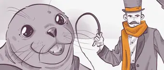 Illustration of a smiling seal next to a man in a top hat and scarf, holding a whip. The man has a mustache and wears a long coat, appearing like a circus ringmaster. The color palette is primarily gray with orange accents.