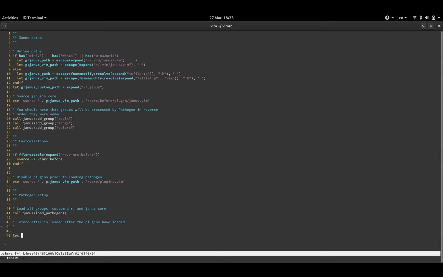 Screenshot of a Vim text editor window displaying a configuration script for Janus, a Vim distribution. The script includes comments and command lines for setting paths, loading plugins, and defining customization settings. The terminal menu is visible at the top.