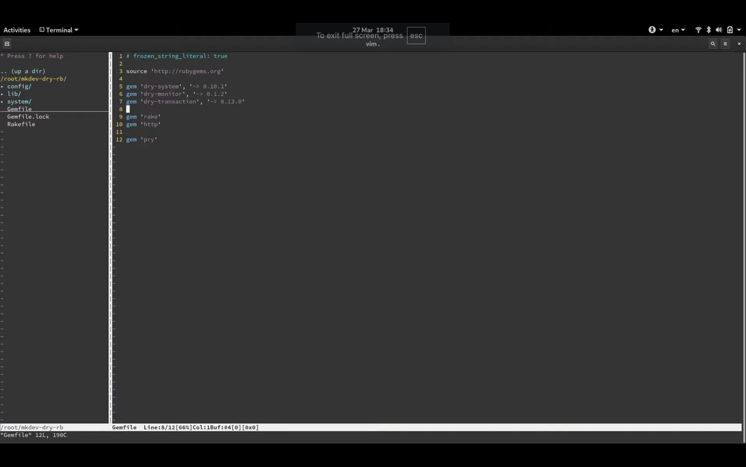 Text editor showing a Ruby Gemfile with a list of gems and their versions, including dry-system, dry-monitor, and dry-transaction. The file manager on the left displays directories and files like config, lib, system, Gemfile, and Rakefile. The terminal status bar at the bottom shows the file path.