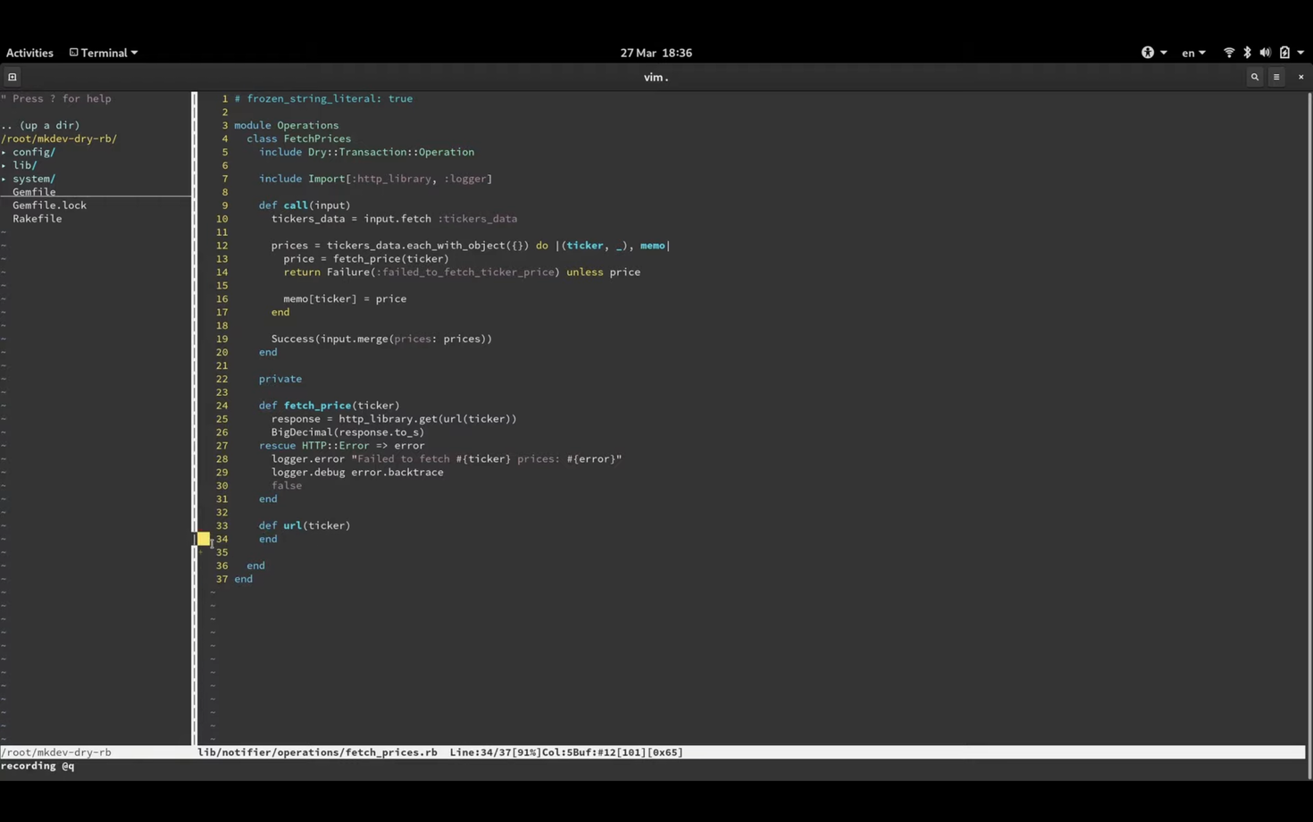 A screenshot of a text editor window displaying Ruby code. The left panel shows a directory structure, while the right panel contains code defining a class and methods related to fetching and processing ticker prices. The terminal menu and time are visible at the top.
