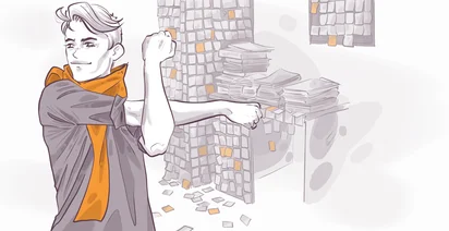 Illustration of a person stretching with an orange scarf, surrounded by stacks of papers and a wall covered in sticky notes, depicting a creative and busy work environment.
