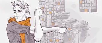 Illustration of a person in an orange scarf stretching their arms in an office space filled with stacks of paper and walls covered in sticky notes. The scene suggests a busy and organized work environment.