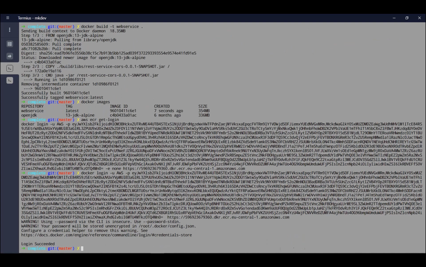 Screenshot of a terminal window showing Docker commands for building a webservice image, listing Docker images, logging into AWS ECR with a long token, and a successful login message. The terminal uses a Git master branch prompt.